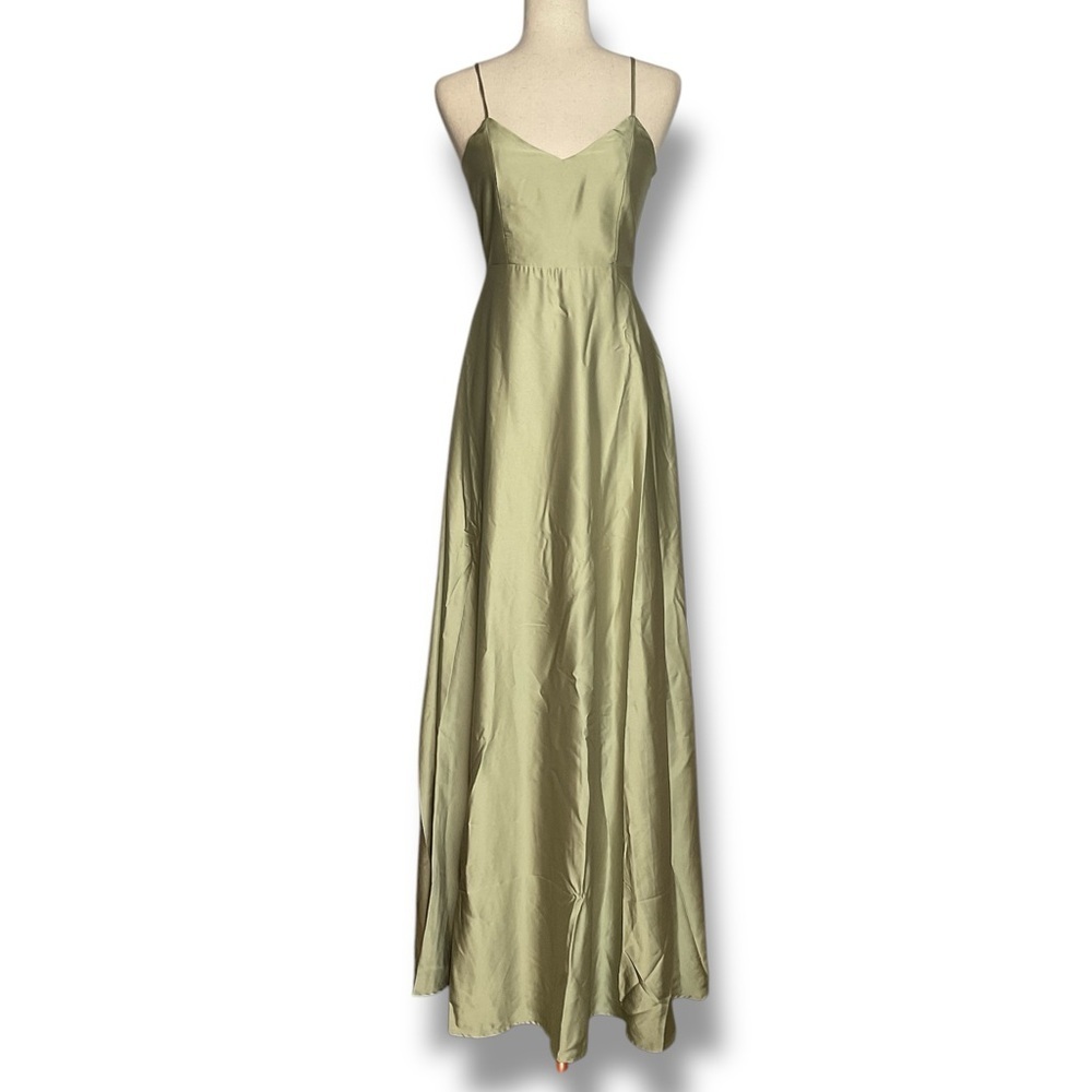 Show Me Your Mumu Celery Green Satin V-Neck Fit & Flare Maxi Gown Size XSmall